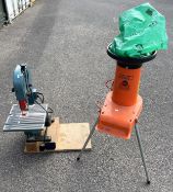 A Ferm FLZ-275 240v 350w bench top band saw together with an AL-KO H1100240v free standing garden