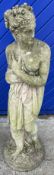 A reconstituted stone garden statue of Pandora on a square base 119cm high, base 33cm x 33cm.
