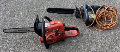 A Harry ZMC4203 petrol chainsaw with a 35cm bar together with a Challenge Xtreme 240v 1800w chainsaw