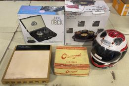 A boxed Juice Deck suitcase vinyl record player with USB and SD card function, an Ambiano 240v 1500w