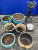 A collection of glazed garden planters, largest 50.5cm diameter x 31cm high, smallest 23cm