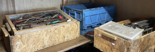 A collection of hand tools to include, ceramic tile cutters, spirit levels, drill bits, mixing