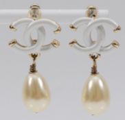 Chanel, a pair of Chanel logo imitation pearl drop earrings, 35mm drop