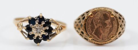 A 9ct gold coin signet ring, band has been cut, J, with a 9ct gold sapphire and diamond cluster