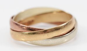 A 9ct tri-colour gold interlocking band ring , Sheffield 1994, N, 3g