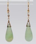 A pair of unmarked 9ct gold jade and seed pearl hook earrings, 30mm drop, 4.1g
