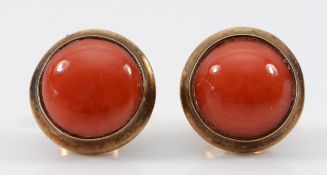 A pair of 9ct gold coral earrings with scroll backs, 12mm, 4g
