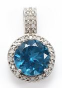 A 9ct white gold topaz and diamond pendant, 10mm topaz, 21mm, 2.6g