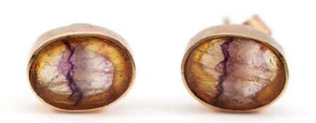 A pair of 9ct gold Blue John earrings with scroll backs, 1.7g