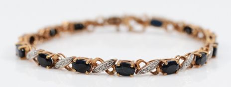 A 9ct gold sapphire and single cut diamond bracelet, 18cm, 9.2g