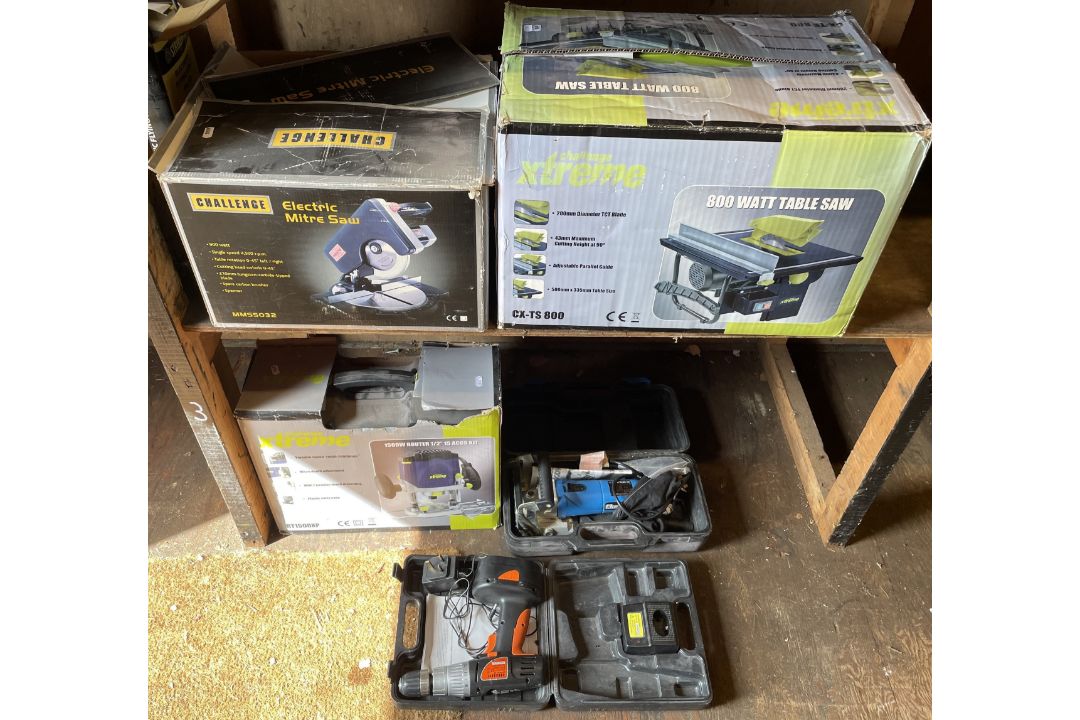 A collection of power tools to include a Challenge Mitre Saw (210mm blade, 240v, model MM55032), a - Image 1 of 2