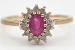 A 9ct gold ruby and single cut diamond cluster ring, stated 0.15ct, M, 2.2g