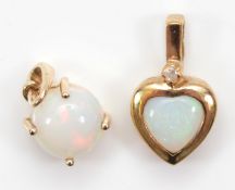 A 9ct gold opal and single cut diamond pendant, with a 9K gold opal pendant, 1.3g