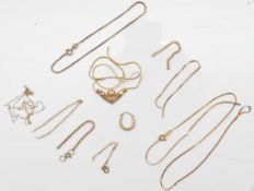 A number of 9ct gold bracelets and chains, many in need of repair, and one 9ct gold hoop earring,
