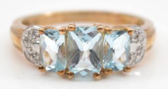 A 9ct gold blue topaz and single cut diamond dress ring, P, 3.2g