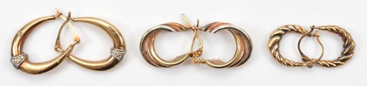Three pairs of 9ct gold hoop earrings, 2.7g