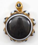 A Victorian gold plated and banded agate mourning locket pendant, 43mm