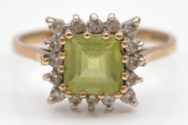 A 9ct gold peridot and brilliant cut diamond square cluster ring, London 2004, K, 2.1g