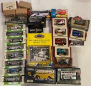 A collection of boxed diecast model vehicles, including Corgi, Oxford and Matchbox, in one box.