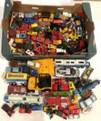 A collection of loose play worn diecast model vehicles, including Matchbox, Corgi and Maisto, in one