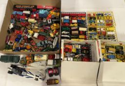 A collection of loose play worn diecast model vehicles, including Corgi and Matchbox, in one box.