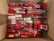 A collection of loose play worn diecast model vehicles, including mostly Fire Engines and Fire
