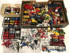 A collection of loose play worn diecast model vehicles, including Aeroplanes and cars, Corgi and