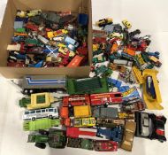 A collection of loose play worn diecast model vehicles, including Corgi and Matchbox, in one box.