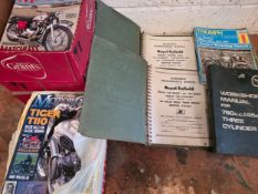 Royal Enfield workshop manuals x 2, Triumph manuals and a large quantity of motorcycle magazines
