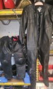 An Akito leather one piece leather motorcycle suit, size 48 and a pair of Frank Thomas leather