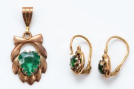 A 9ct gold heart wreath pendant, 20mm, 1.5g with a pair of gold hinged back earrings, electronically