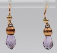 A pair of unmarked 9ct gold amethyst drop hook earrings, 1.7g