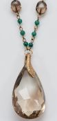 A 9ct gold chalcedony and smokey quartz beaded necklace with a gold snake and smokey quartz pendant,