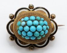An unmarked Victorian gold turquoise and enamel brooch, 18mm, 4.1g