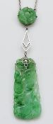 A 9ct white gold carved jade pendant necklace, 60mm drop, 5.8g