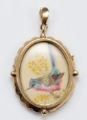 A 9ct gold hand painted resin locket pendant, London 1982, 35mm, 9.7g