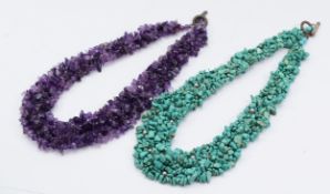 A turquoise beaded necklace, with an amethyst version, T bar closure