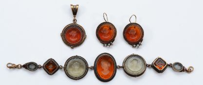 Extasia, Etruscan revival style glass intaglio bracelet, pendant and hook earring set