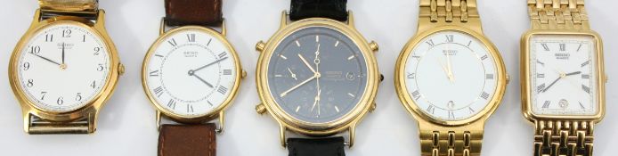 Five Seiko gold plated gentleman's wristwatches to include, Seiko quartz chronograph, ref. 7T32-