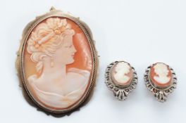 A shell cameo brooch, with a pair of shell cameo clip on earrings