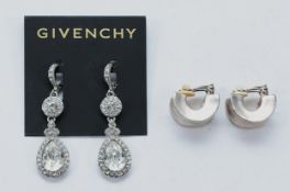 Givenchy, a pair of crystal set drop hoop earrings, 55mm, with a pair of Givenchy half hoop clip