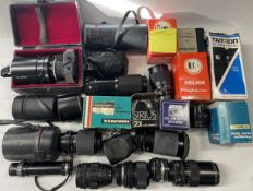 A box of camera lens to include an Olympus 50mm 1:1.8 lens, an Olympus 35-70mm 1:4 lens, a Tokina