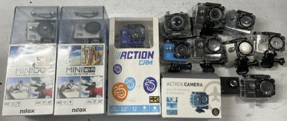 A collection of action cameras to include, a Nilox Mini, a HD 1080P and an Action 4K. (One box).