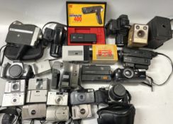 A collection of film cameras to include a Nikon Nuvis S, a Canon EOS 300v, a Konica Revio Z3 and