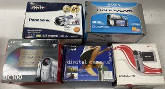 A collection of boxed digital camcorders to include, a Fuji MV-1, a Toshiba Camileo HD and a Sony