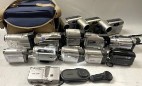 A box of camcorder cameras to include a Sony Handycam DCR-HC30E, a Samsung VP-DC161WB, a Canon