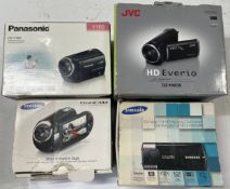 Four boxed digital camcorders to include, a Samsung Flash Cam and a Panasonic HC-V160. (4).