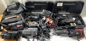 A box of camcorder cameras to include a JVC GR-60E, a Sony Handycam CCD-FX200E and others.