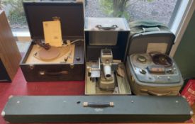 A collection of Hi-Fi and vintage tech to include a Celfix projector screen, an Aldis projector, a