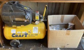 A Powercraft compressor, 240v, 13a, comes with hose and accessories, together with a nail gun. (2)